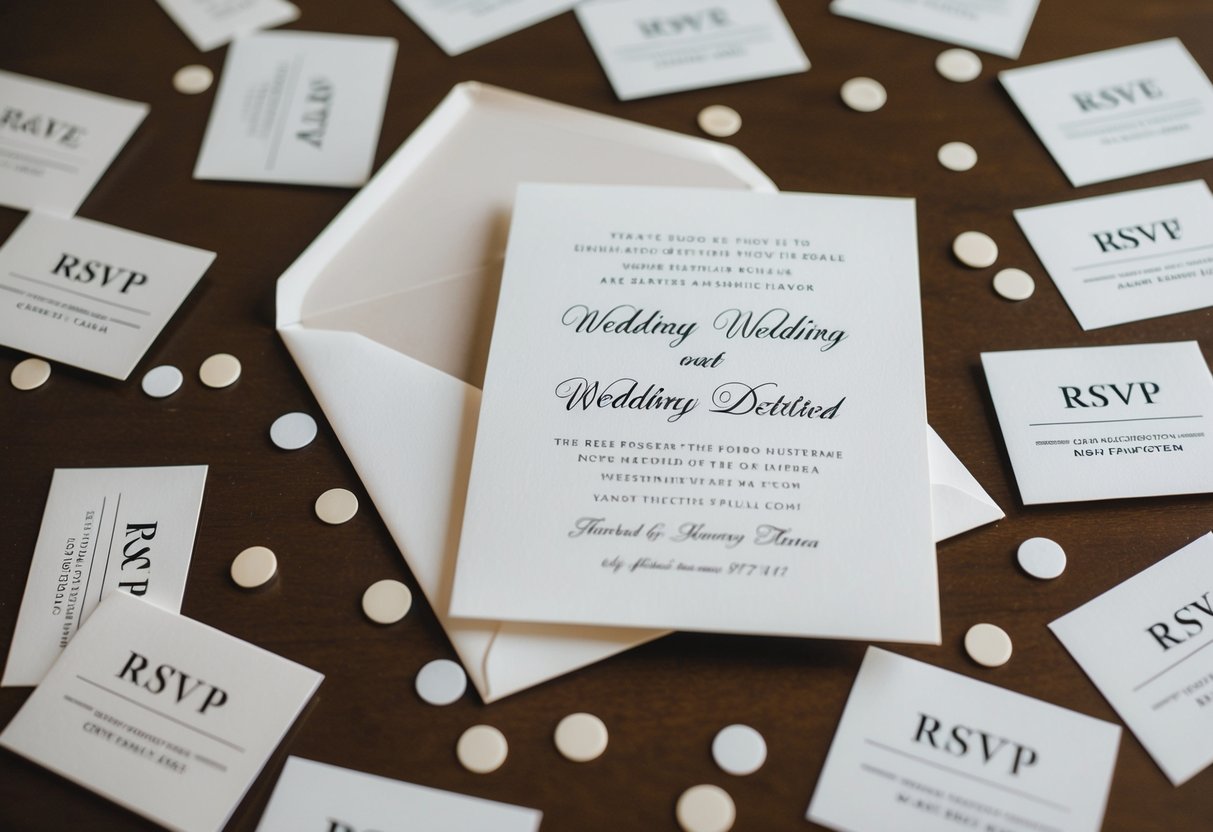 A wedding invitation surrounded by scattered RSVP cards