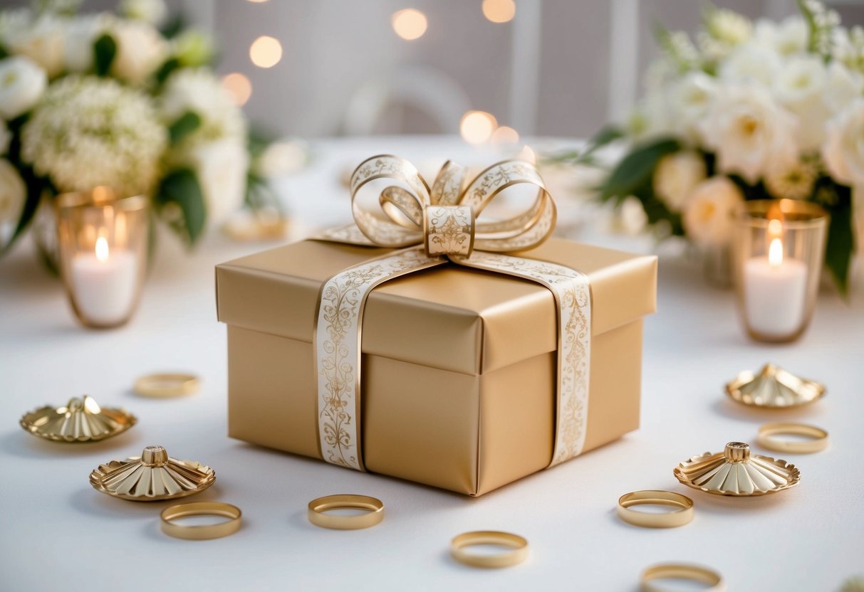 A beautifully wrapped gift box surrounded by elegant wedding decor