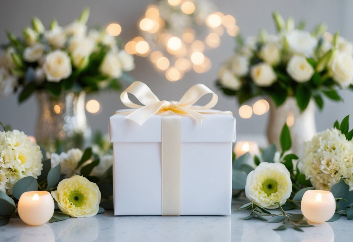 A beautifully wrapped gift box with a ribbon and bow, surrounded by elegant wedding decor and flowers