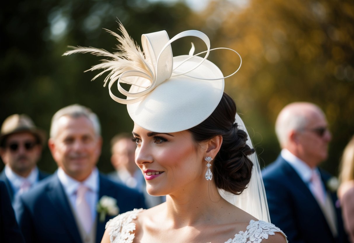 A bride wearing a modern fascinator at an outdoor wedding in 2024
