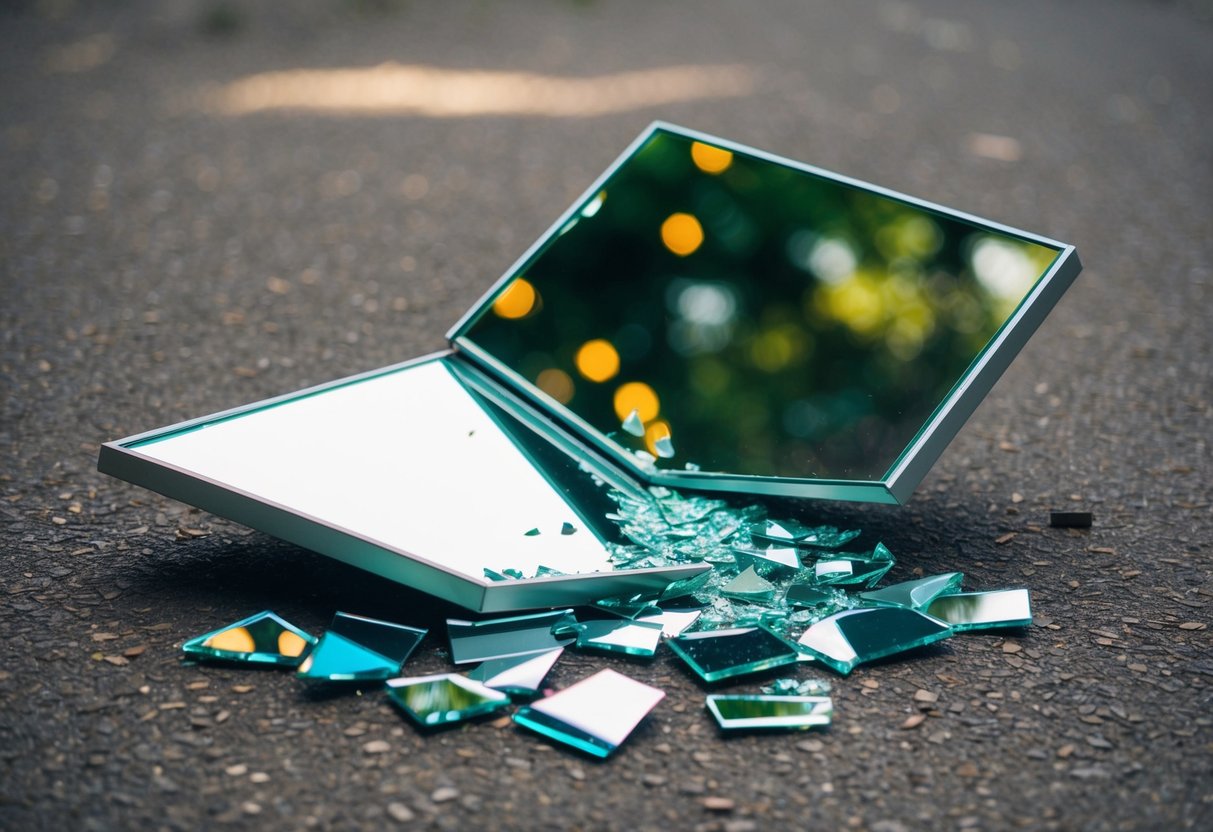 A wedding gift of a broken mirror lying shattered on the ground, with seven years of bad luck ominously reflected in its pieces