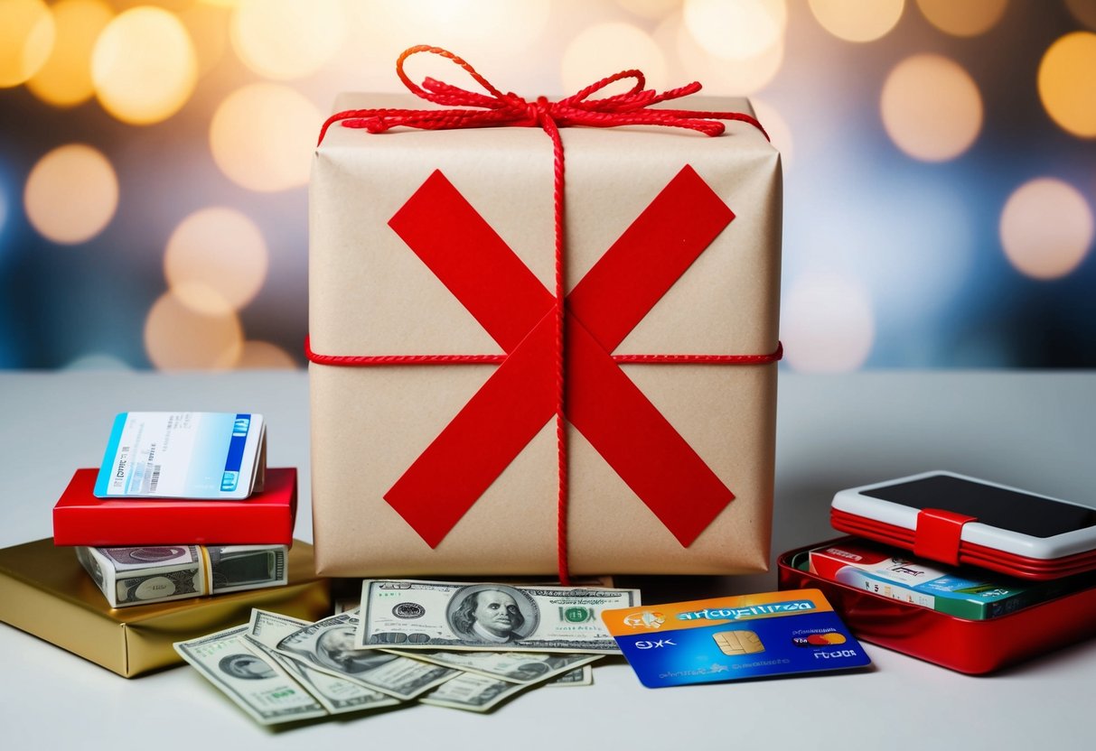 A beautifully wrapped gift box with a large red "X" over it, surrounded by items like cash, gift cards, and household goods