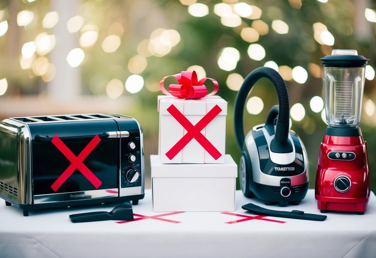A wedding gift table with items like toasters, blenders, and vacuum cleaners, all crossed out with a red "X"