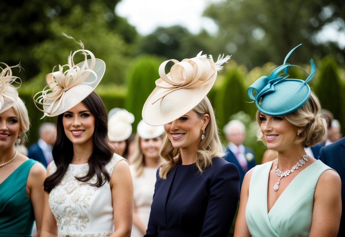 A garden wedding with guests wearing stylish fascinators, showcasing versatility and ongoing fashion appeal in 2024