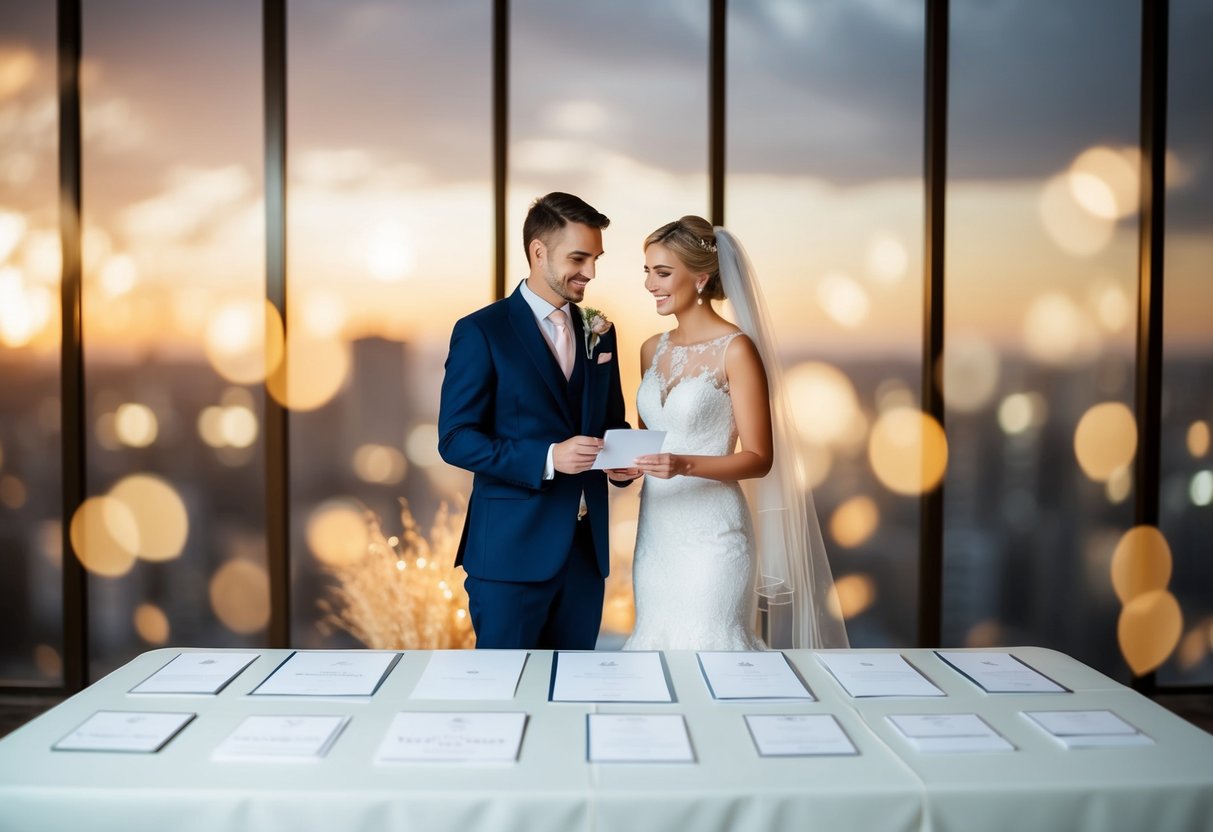 A bride and groom stand in front of a table with various sized wedding invitations, pondering how many to send