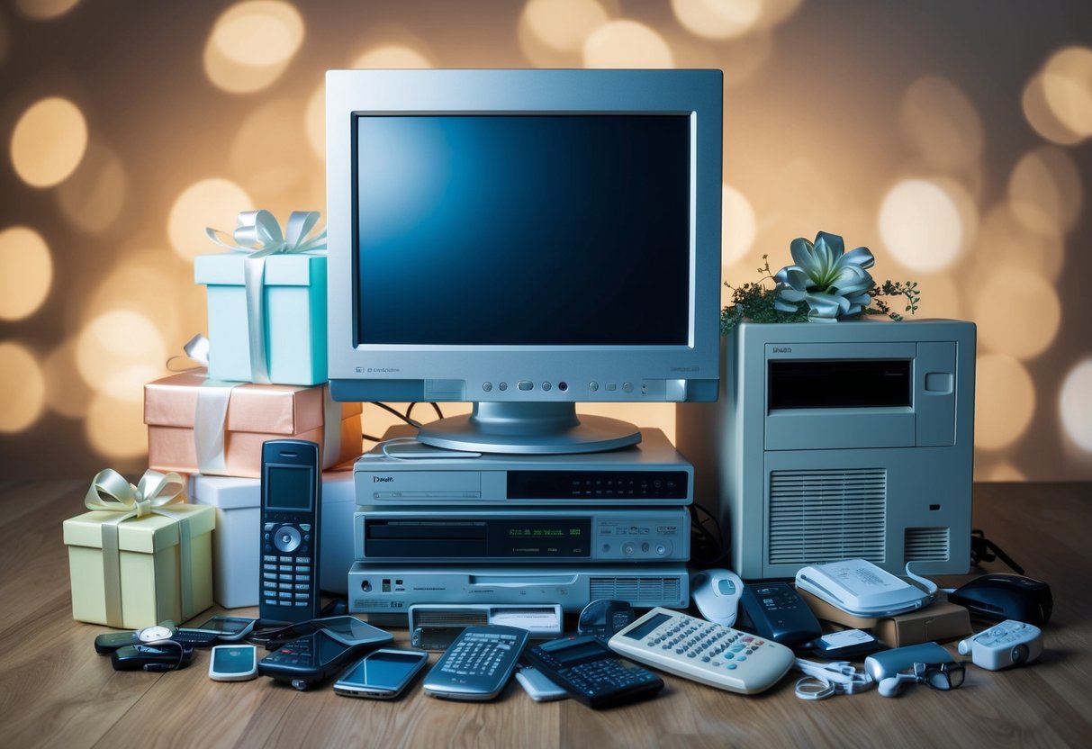 A pile of outdated technology items, such as old cell phones, a VCR, and a bulky computer monitor, surrounded by discarded wedding gifts