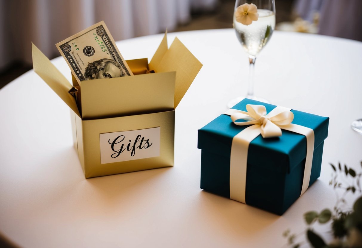 A beautifully wrapped envelope with cash inside sits on a gift table at a wedding reception. Nearby, a decorative box is labeled "gifts."