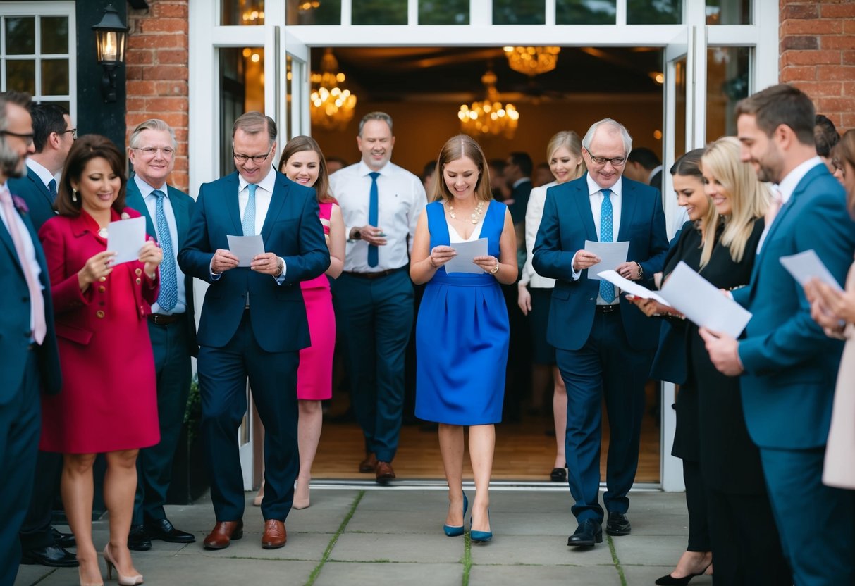 A group of people standing in line, with some entering a party venue and others waiting outside. Some are holding invitations while others are checking a list