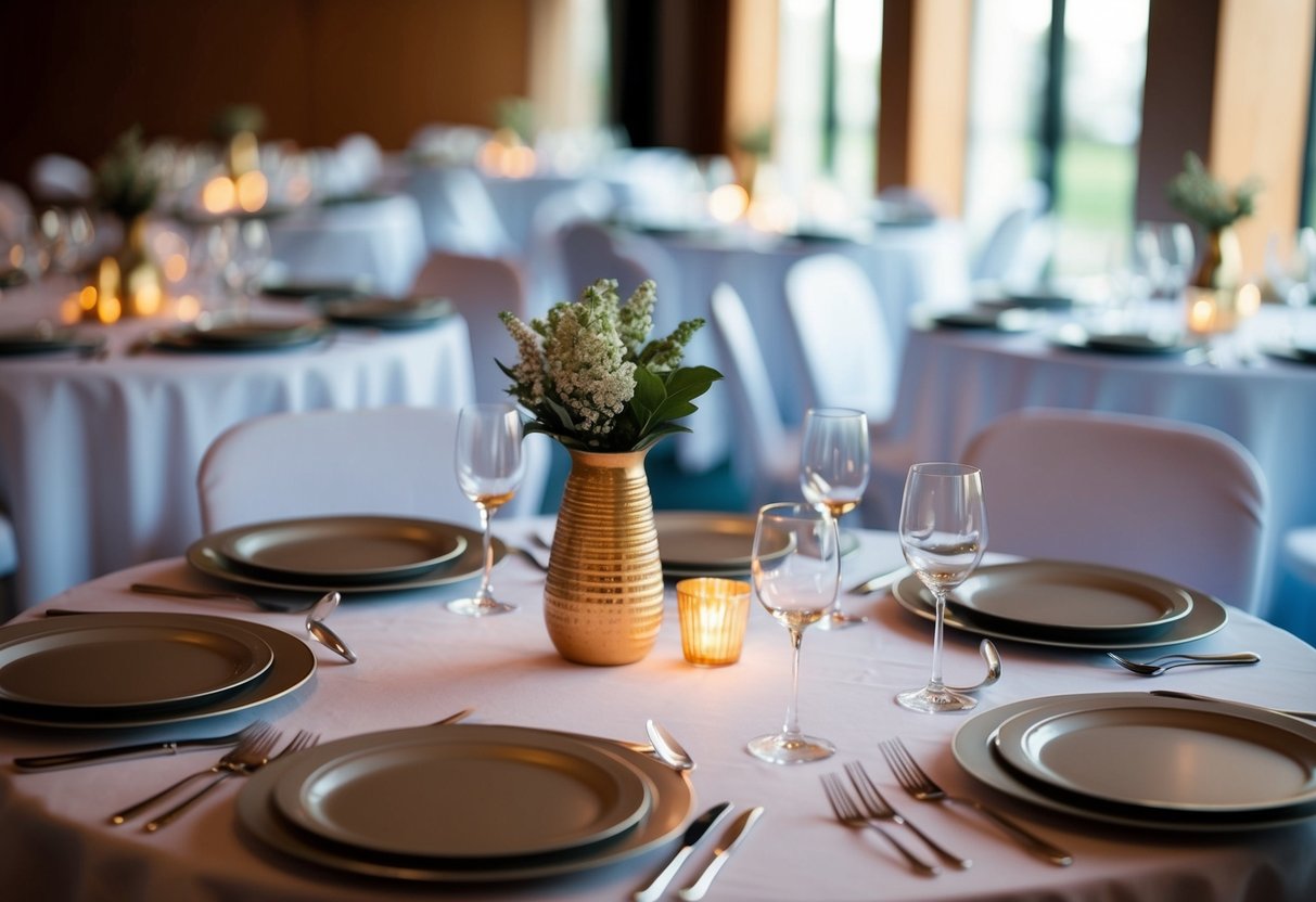 A table set for a party with empty place settings and no guests present