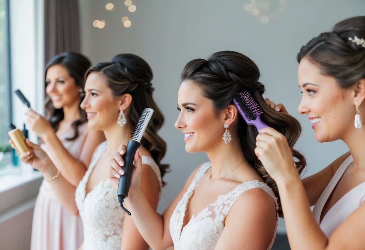 Bridesmaids styling their own hair for a special occasion, using various hair tools and products