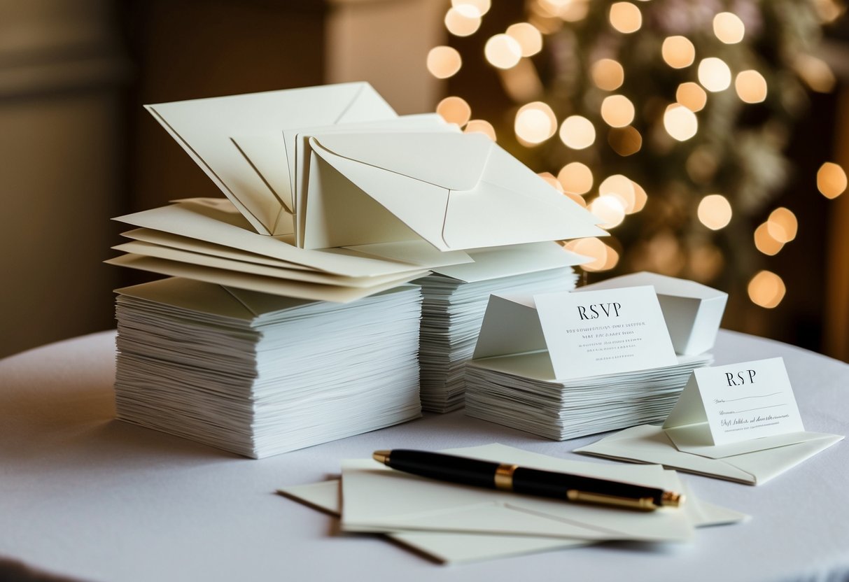 A pile of elegant wedding invitations with envelopes, a stack of RSVP cards, and a pen on a table