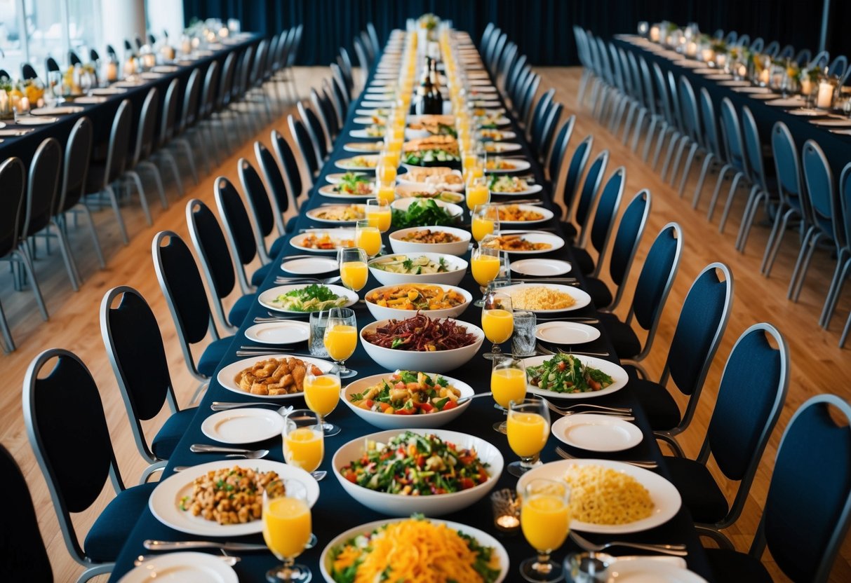 A long table filled with a variety of food and drink, surrounded by 100 empty chairs