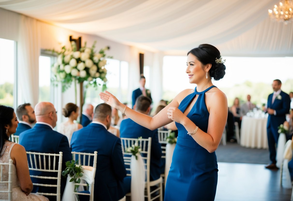 A wedding planner gently guides guests towards the seating area, using subtle cues to indicate limited space