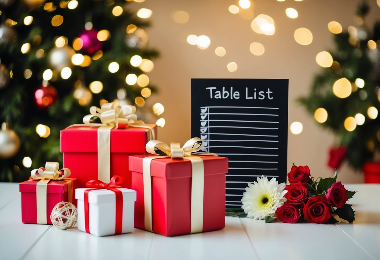 A table with gifts, flowers, and a decorative list