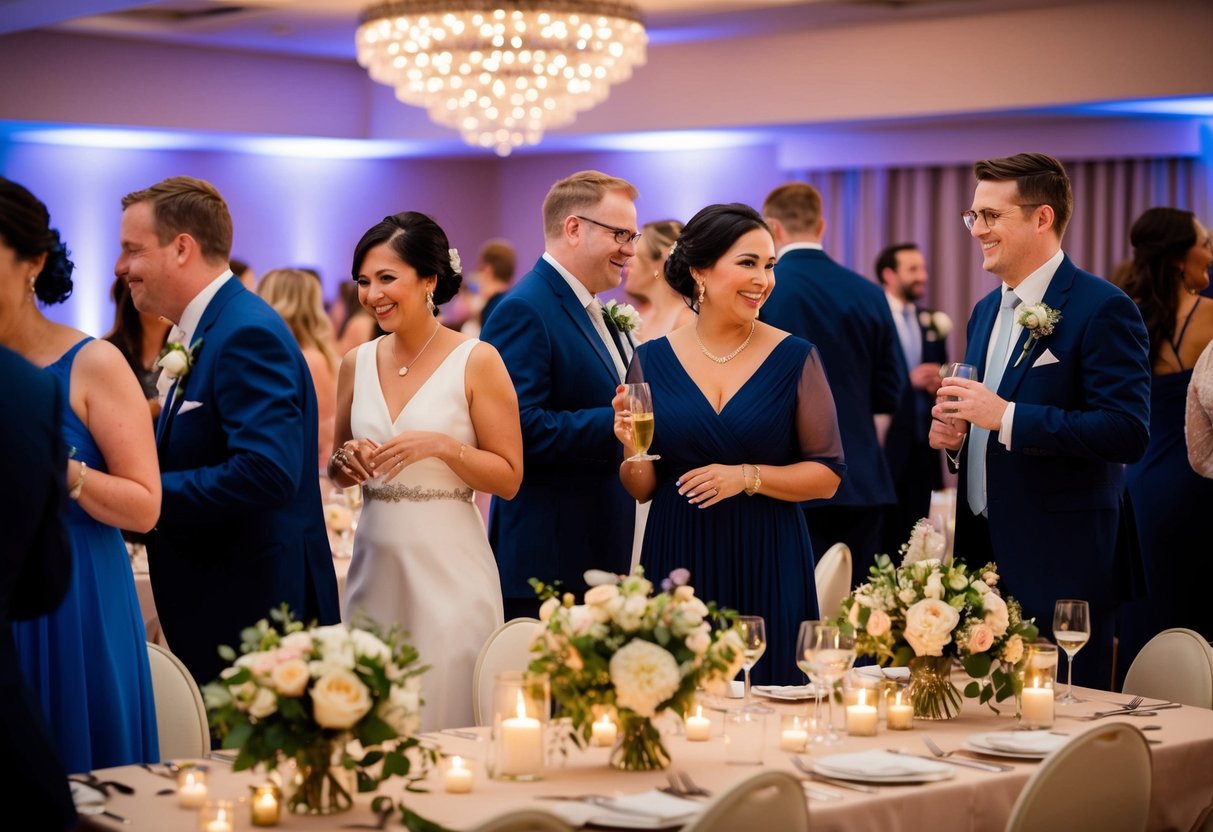 Guests mingle at a wedding, some chatting and laughing, while others enjoy the music and dance. Tables are adorned with flowers and candles, creating a warm and elegant atmosphere
