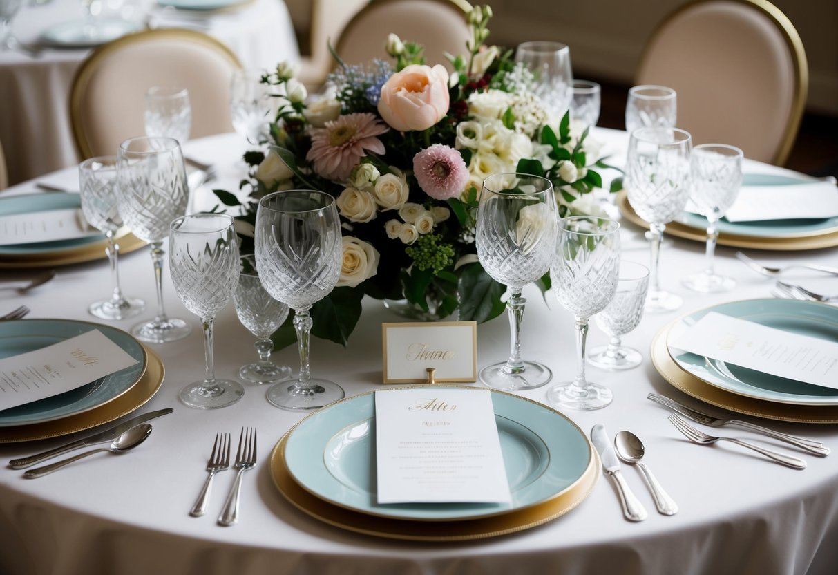 A table with fine china, crystal glasses, and elegant silverware. A floral centerpiece and place cards indicate seating arrangements