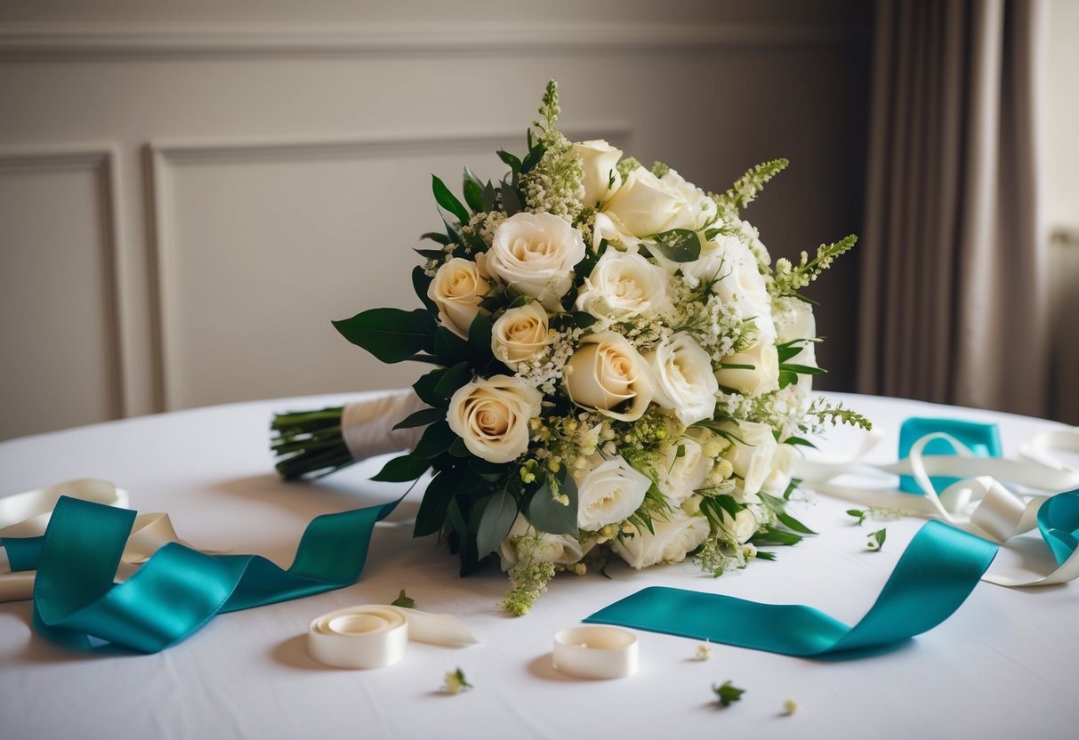 A bride's bouquet rests on a table, surrounded by scattered ribbons and a discarded maid of honor sash