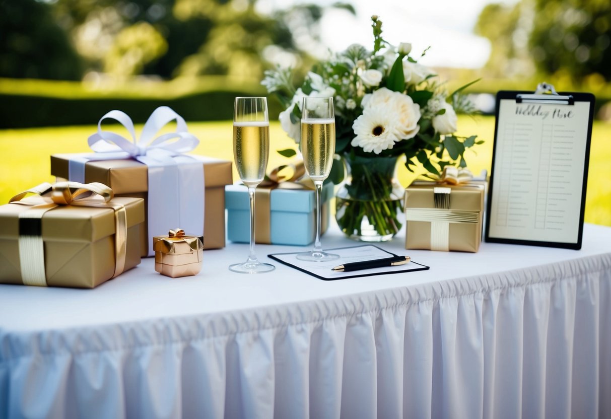 A table covered in gifts, flowers, and champagne glasses, with a wedding list and pen nearby