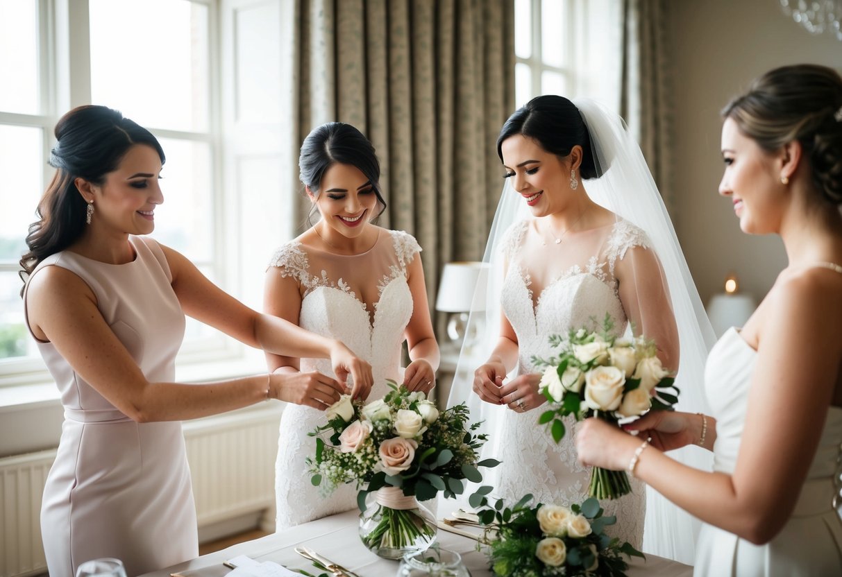 A maid of honour organizing wedding details, arranging flowers, and helping the bride with her gown