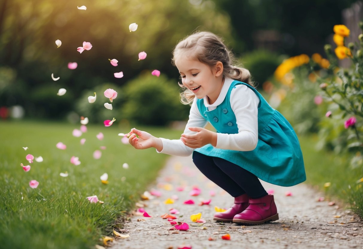 A young girl, around 5-10 years old, joyfully scattering flower petals along a garden path