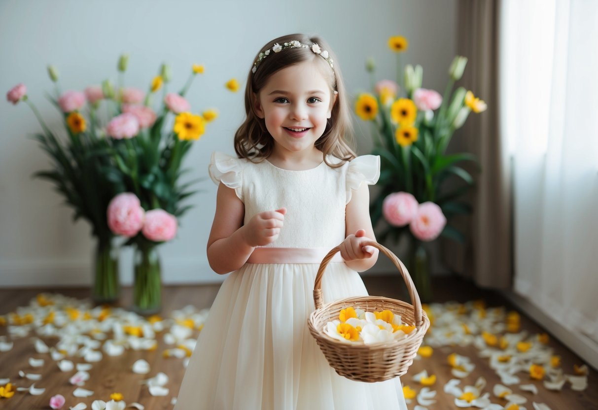 A young girl, around 4-8 years old, stands in a room surrounded by flowers, wearing a beautiful dress and holding a basket of petals. She is smiling and looking excited