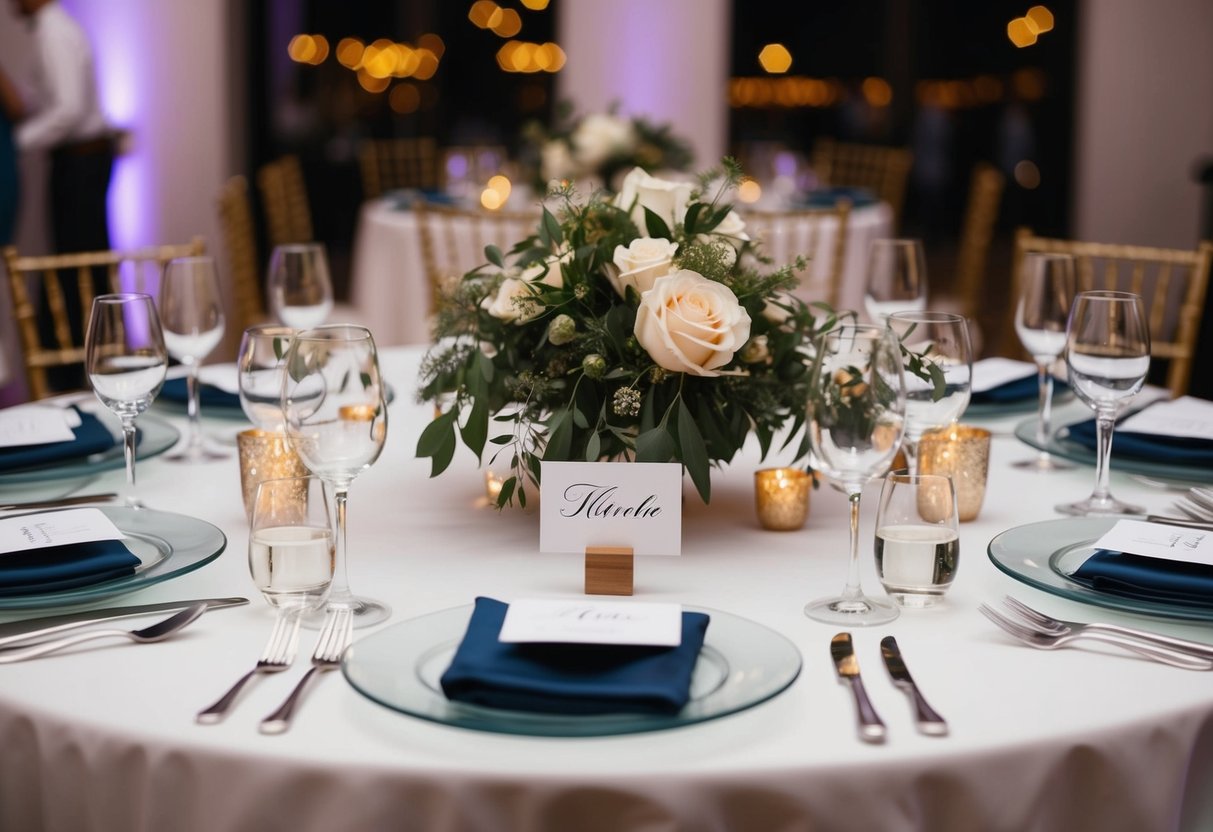 A table set with 10 place settings, each adorned with a name card, awaits the groom's guests at the wedding reception