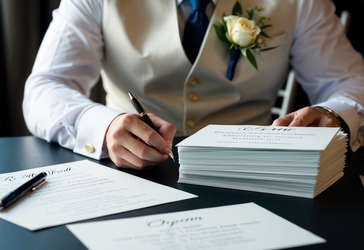 The groom sits at a table with a stack of invitations, carefully writing out names and addresses. A pen and paper lie nearby for making any last-minute changes
