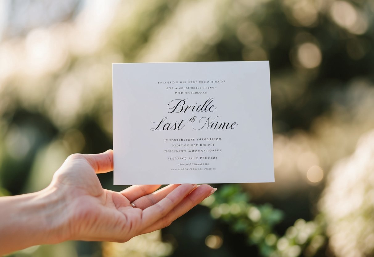 A hand holding a wedding invitation with the bride's last name printed on it