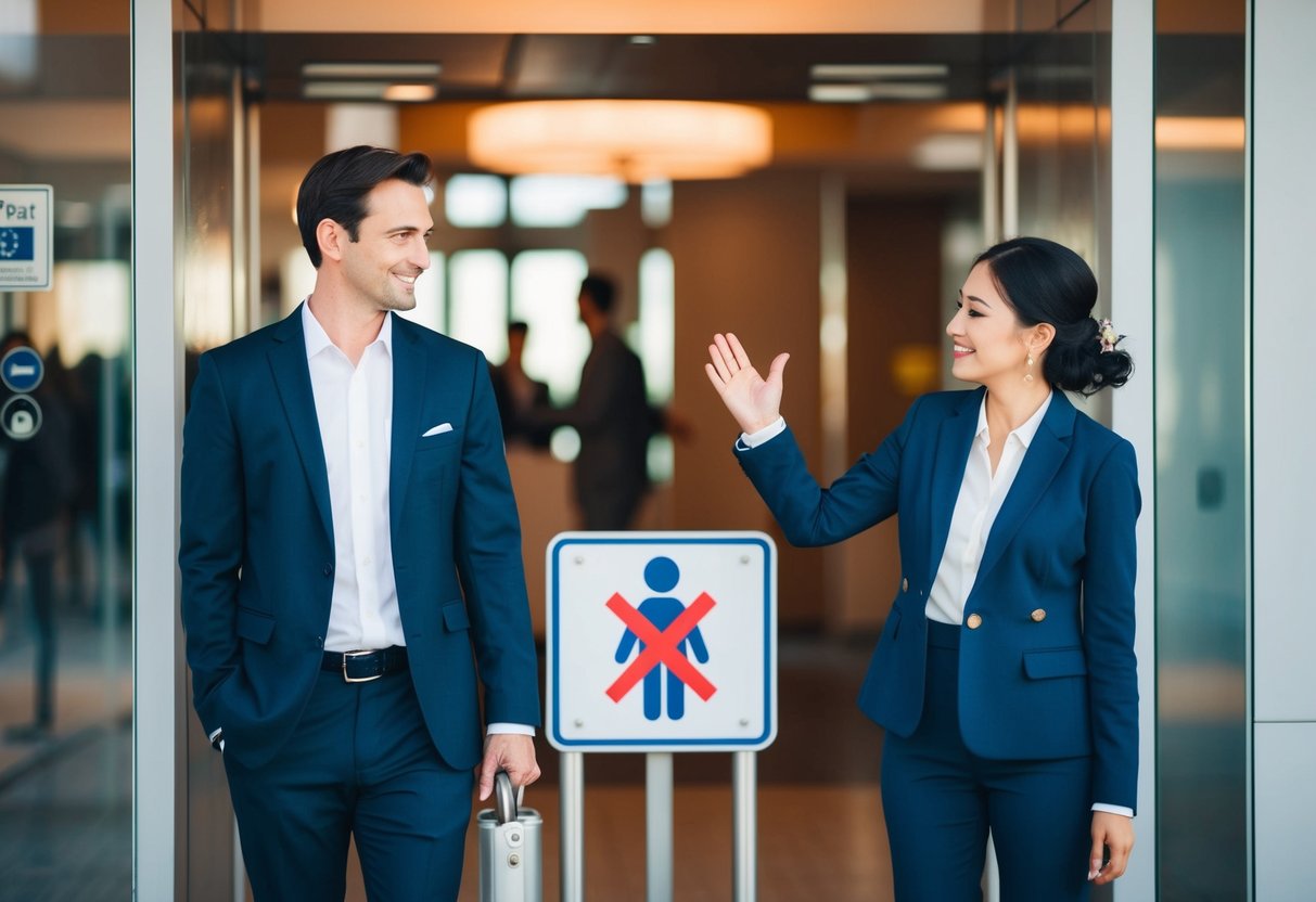 A couple standing at the entrance, politely gesturing to a sign with a crossed-out child symbol