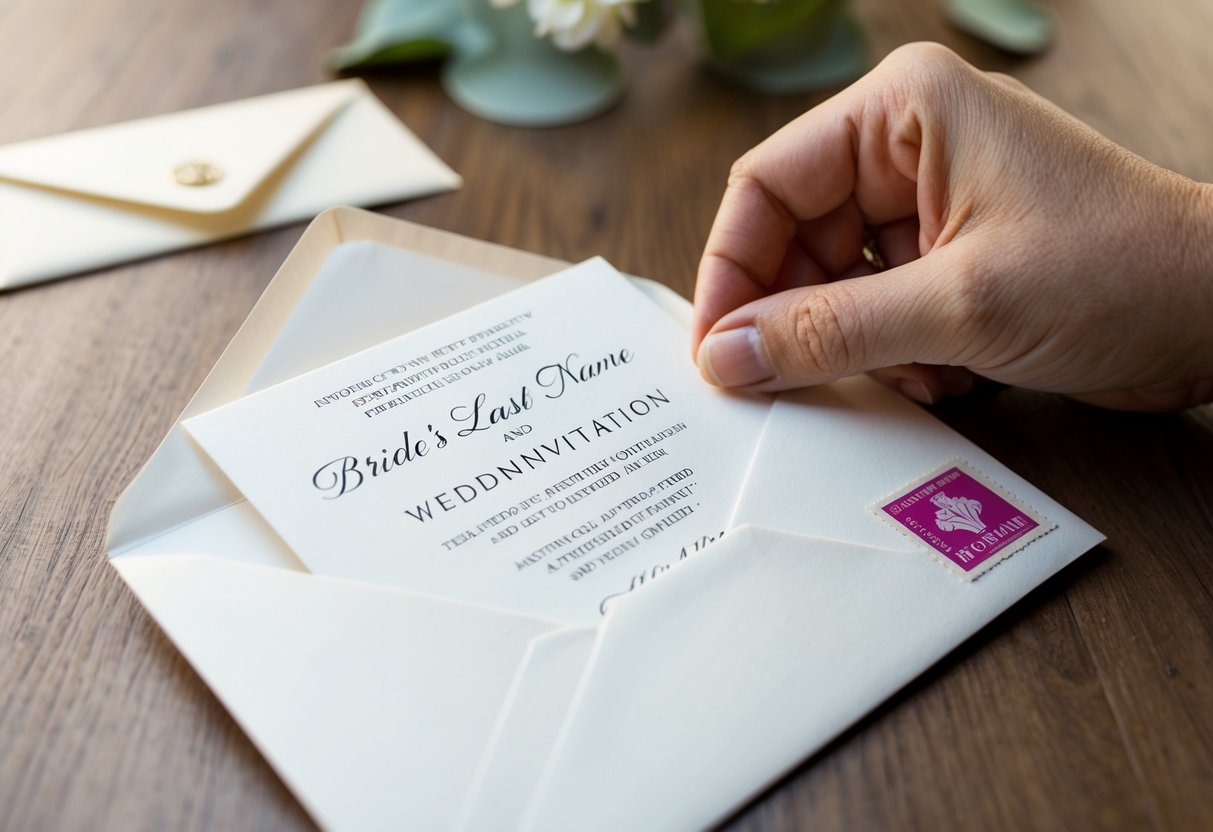 A hand holding a wedding invitation with the bride's last name printed on it. The invitation is being placed in an envelope with a stamp