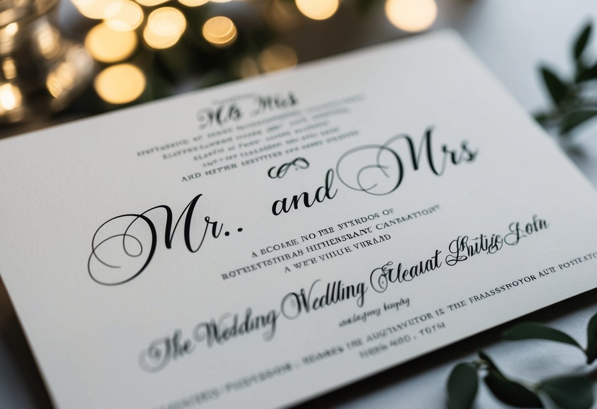 A wedding invitation with "Mr. and Mrs." written in elegant calligraphy
