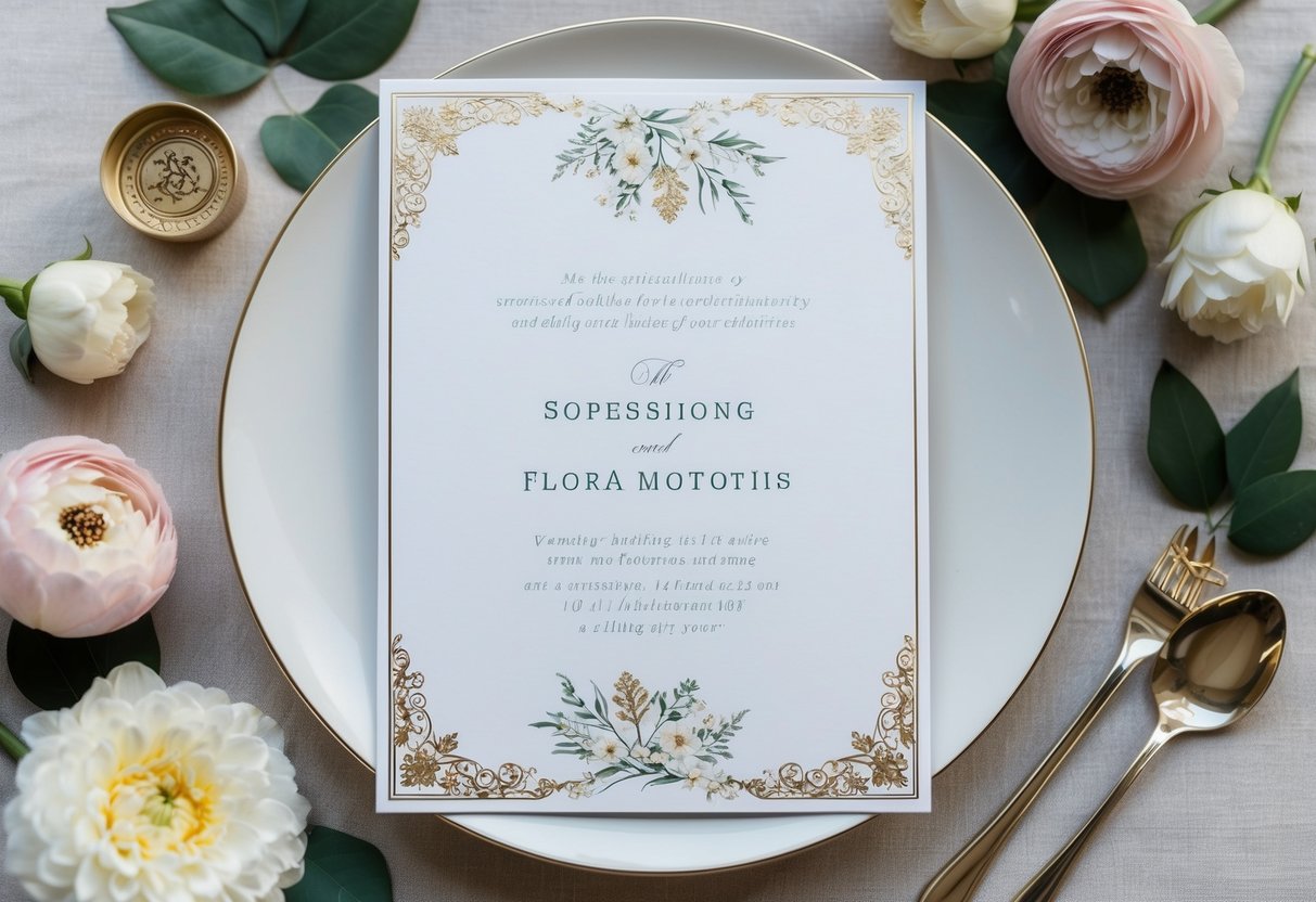 A wedding invitation with elegant design elements and extra details, such as floral motifs and a sophisticated border
