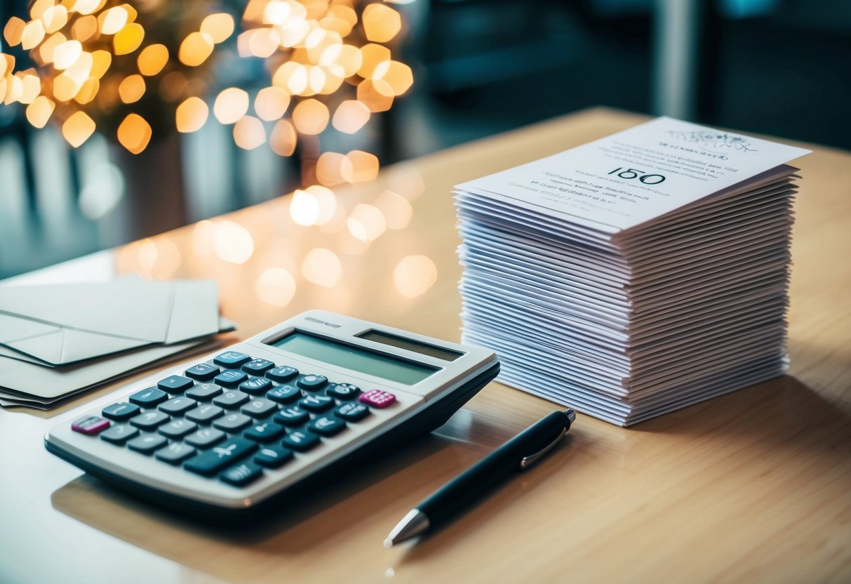 A stack of invitations, a calculator, and a list of 150 guests