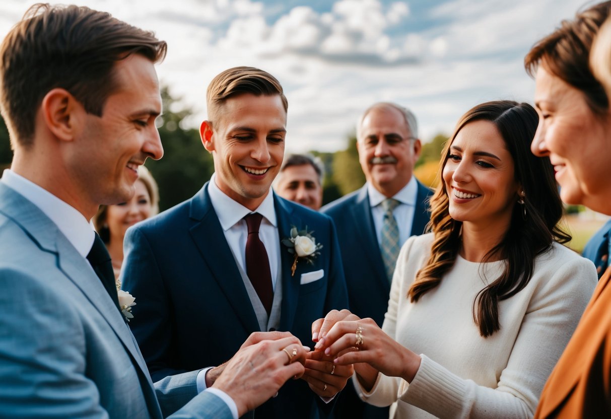 A couple exchanging rings with family members looking on
