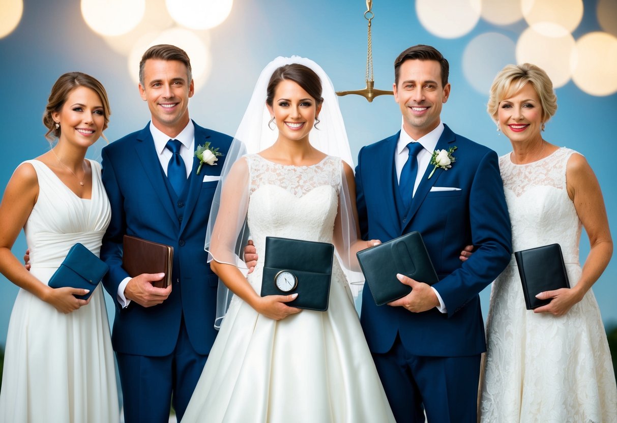 A bride and groom standing with their families, each holding a symbol of financial responsibility, such as a checkbook or wallet, with a scale in the background