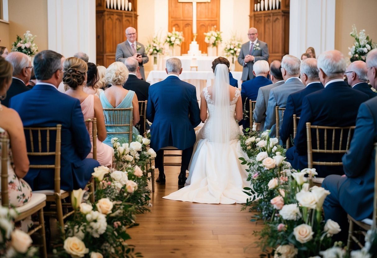 Parents and grandparents sit in the front rows of the wedding ceremony, facing the altar and surrounded by flowers and decorations