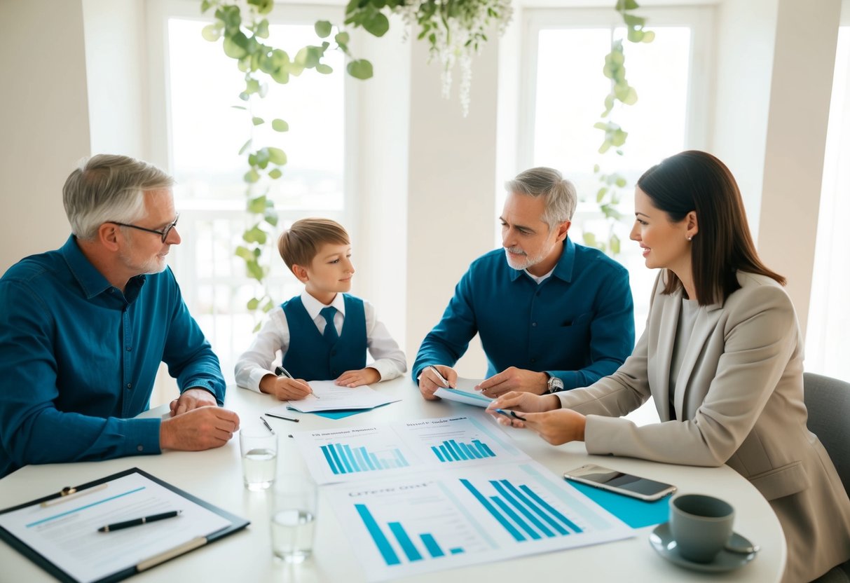 A family sitting around a table, discussing wedding plans and finances, with a budget sheet and communication tools visible