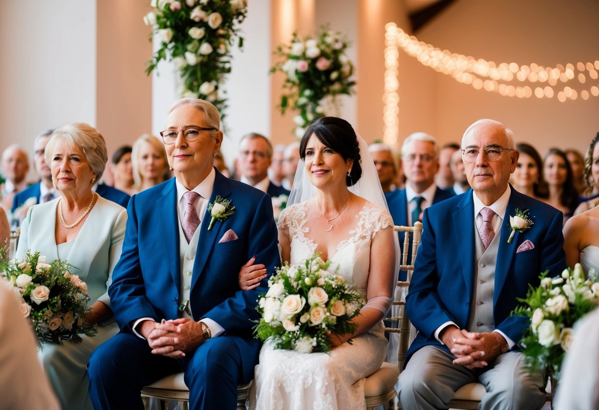Parents and grandparents sit in reserved front row seats at the wedding ceremony, surrounded by flowers and soft lighting