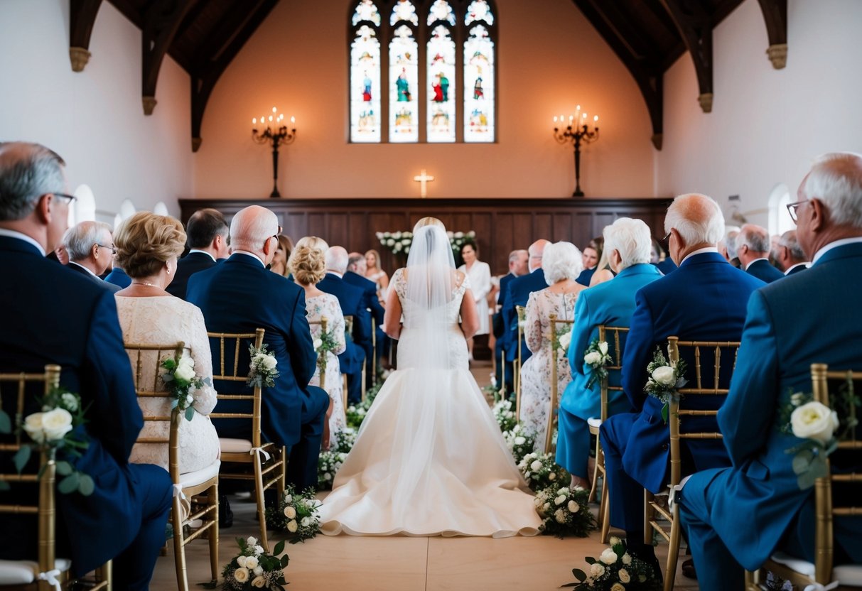 Parents and grandparents sit in front rows, facing the altar, at a wedding ceremony