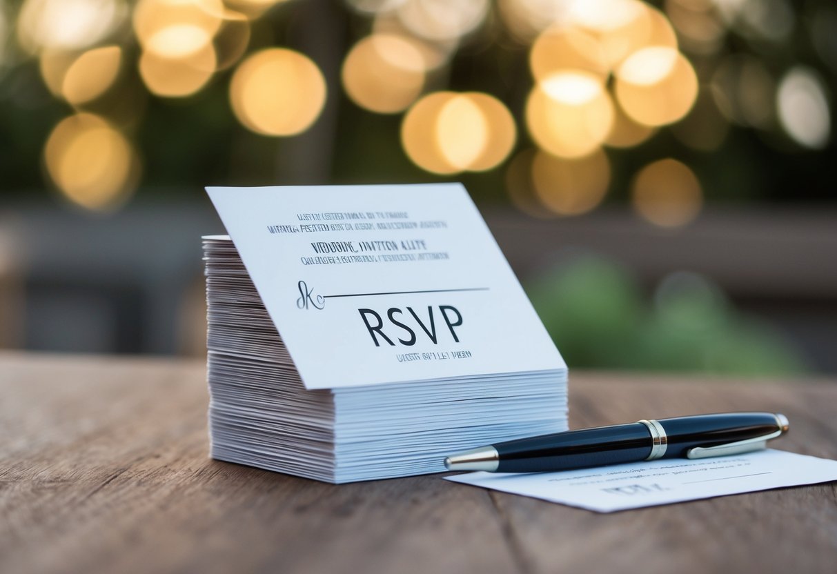 A stack of wedding invitation cards, some marked with "RSVP" and a pen nearby for guests to indicate their attendance