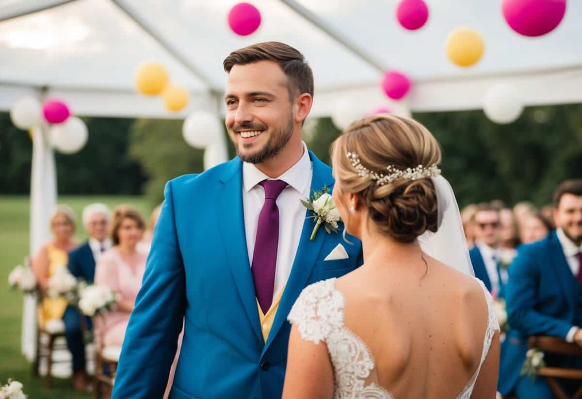 A guest wearing the wedding colors clashes with the decor and draws attention away from the couple
