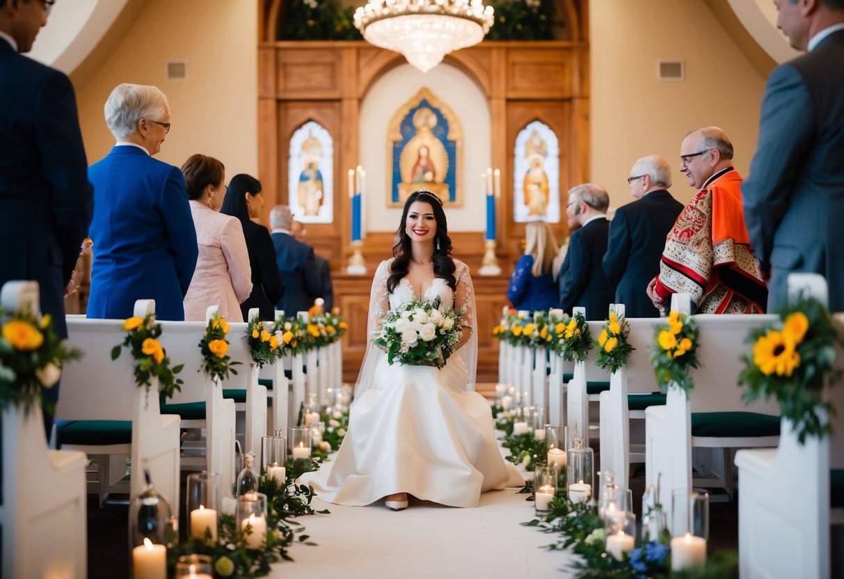 A woman sits on the aisle, surrounded by symbolic items representing cultural and religious traditions