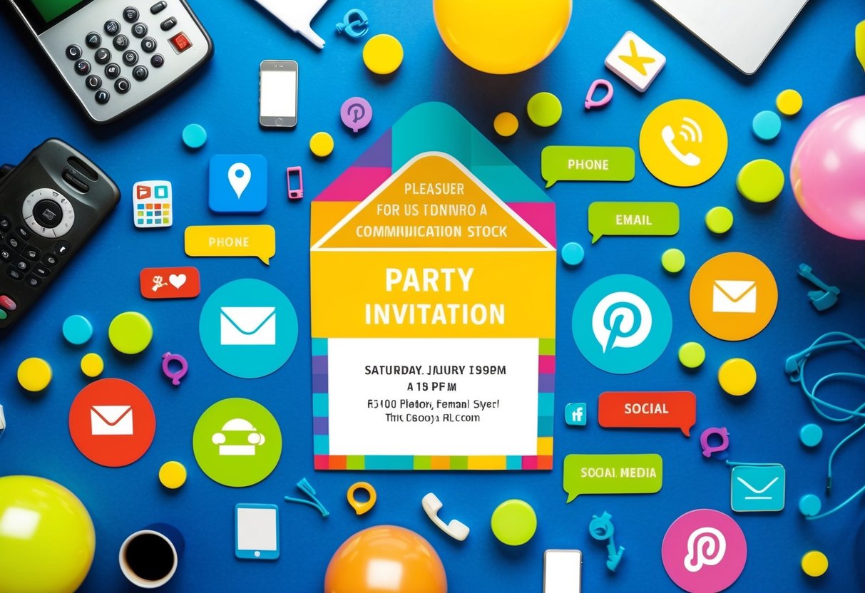 A colorful party invitation surrounded by various communication tools such as phone, email, and social media icons