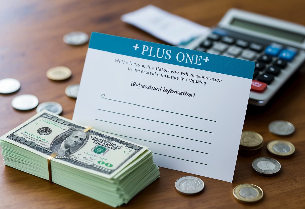 A wedding invitation with a blank space for “plus one” information, surrounded by a stack of bills and a calculator