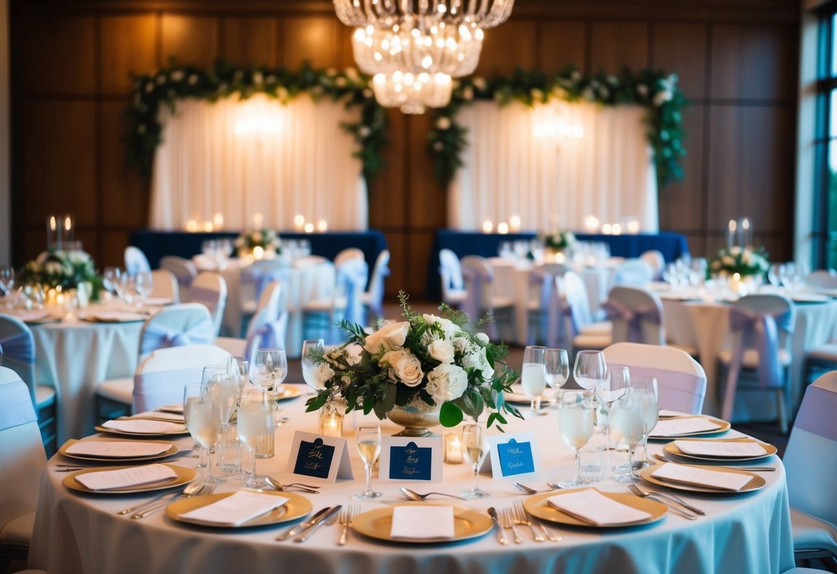 A wedding reception venue with tables arranged in a thoughtful and elegant manner, with place cards indicating seating arrangements