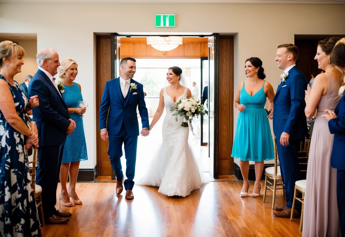 A bride and groom stand at the entrance, greeting guests. Some guests arrive alone, while others come with their partners. The reception hall is filled with laughter and chatter
