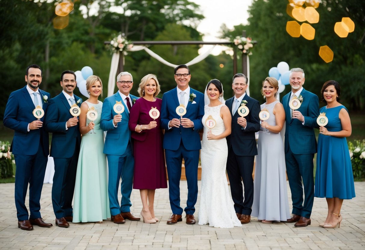 A group of diverse figures stand together, each holding a symbol of their role in a wedding ceremony and reception