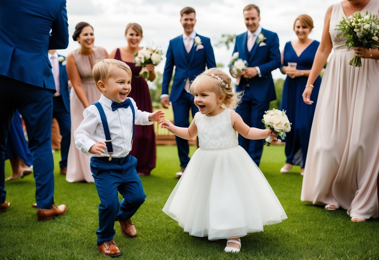 A joyful wedding scene with children playing and interacting with the other guests, showing the inclusion of children as wedding guests