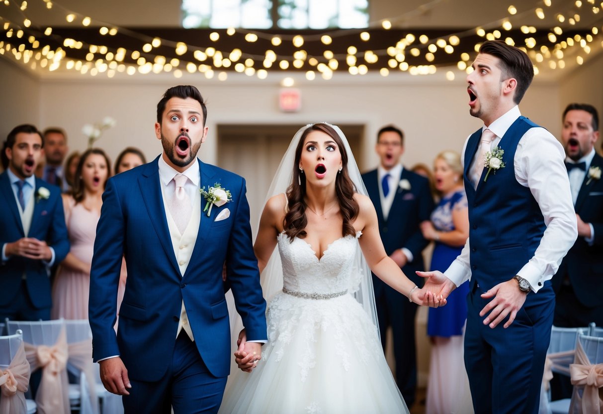 A couple stands in shock as an unexpected guest arrives at their wedding, causing a commotion