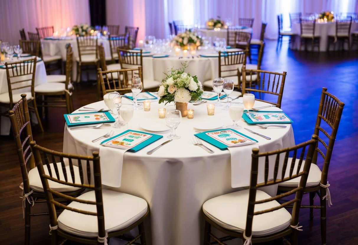 A table set for a wedding reception with place settings for adults and children, including high chairs and coloring books